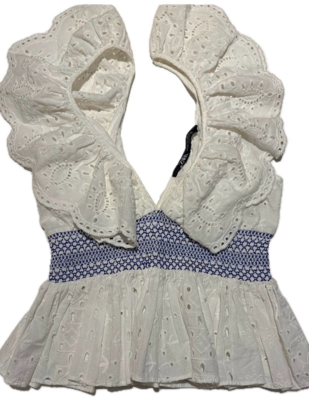 Zara White Eyelet Lace Ruffle Peplum Blouse Blue Smocked Waist Women's XS
